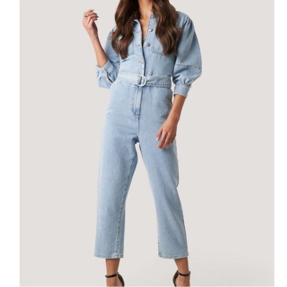 NA-KD NWT Cotton Denim Jean Belted Puff Sleeve Button Collard Denim Jumpsuit